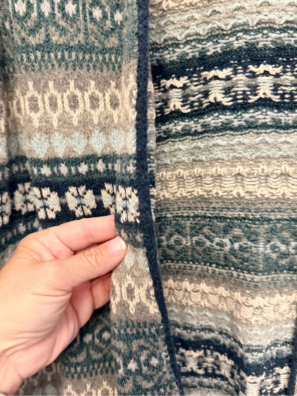 J. Jill Fair Isle Nordic Long Line Cardigan in Teal, Cream, Gray W/ Pockets - Picture 4 of 10